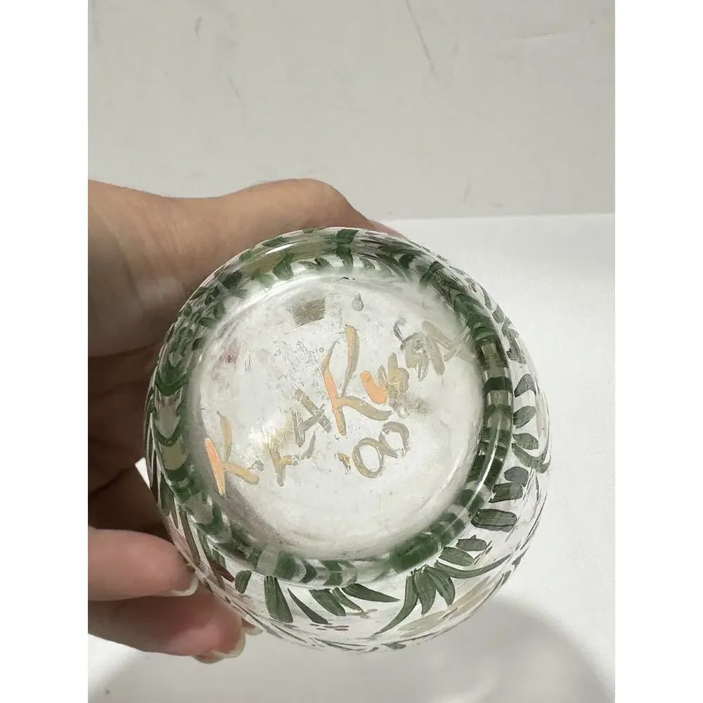 Set Of 2 Vintage Small Hand‎ Painted Floral Clear Glass Vase Signed K. LaRussa